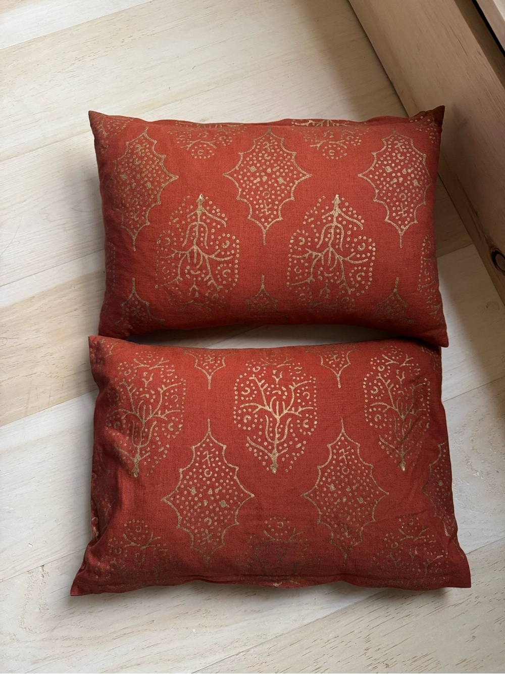Pair of John Robshaw 12x18 Lumbar Pillow Covers Gold Block Print Linen Cotton